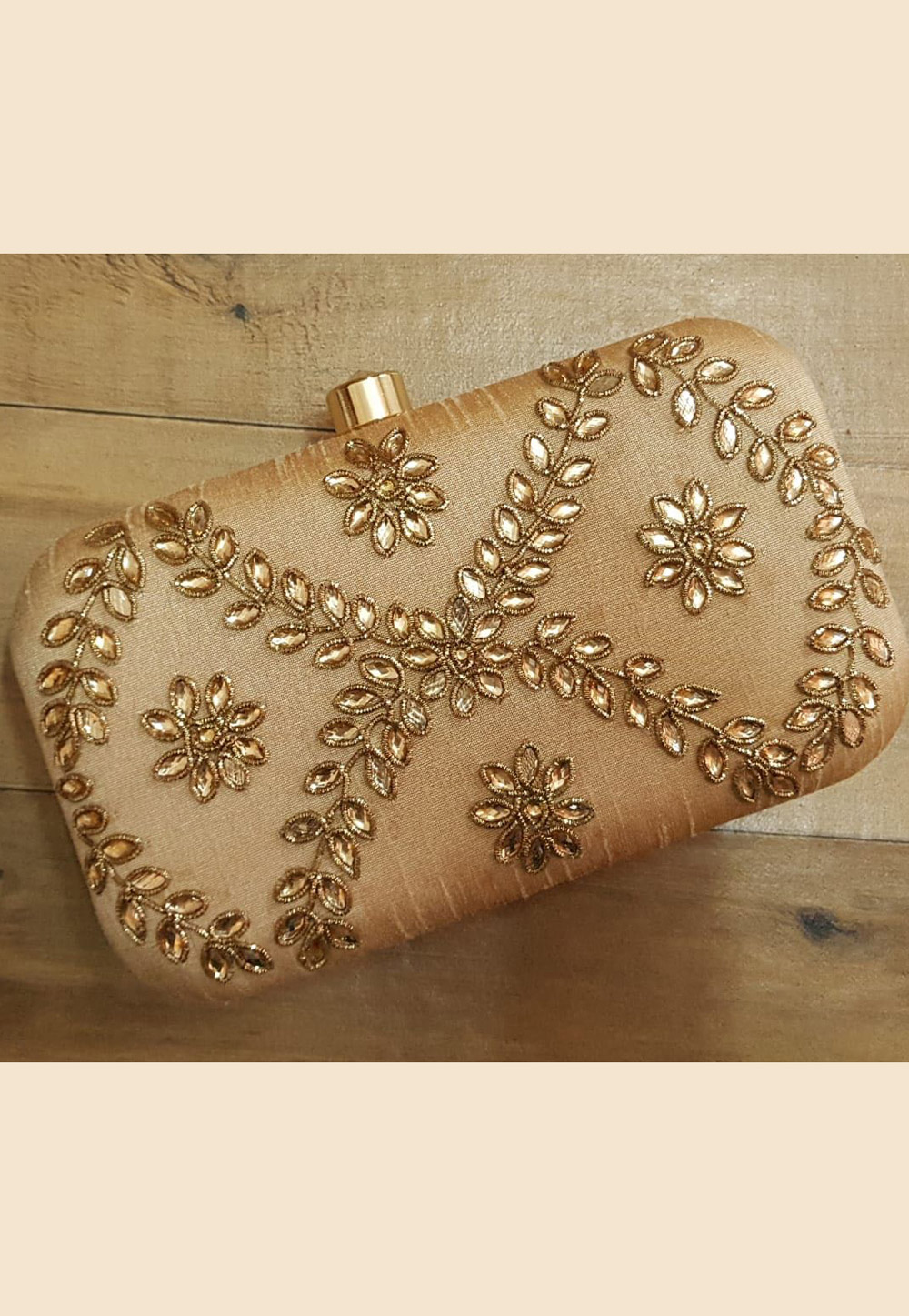 Golden Synthetic Embroidered Clutch 188308