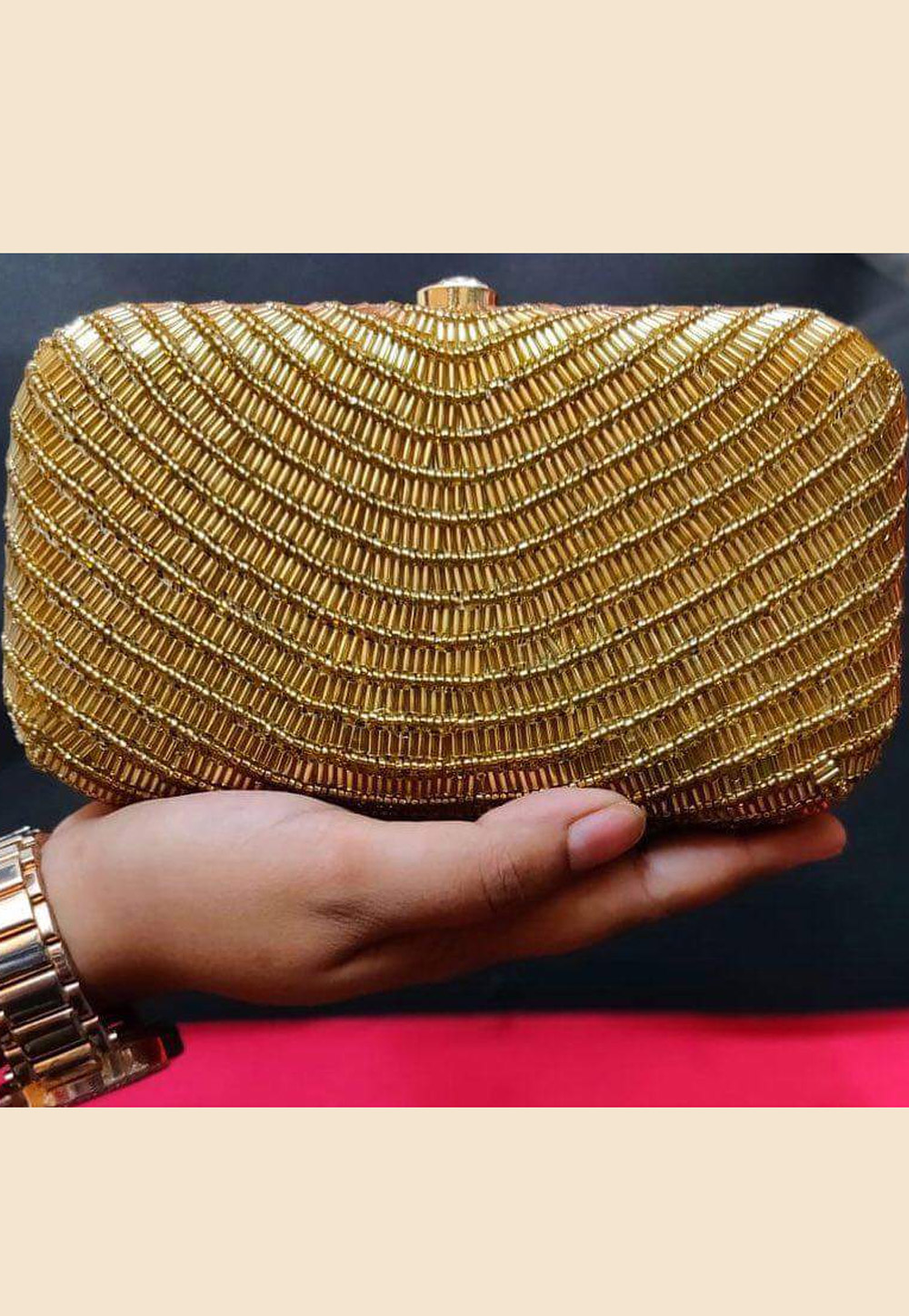Golden Synthetic Embroidered Clutch 188323