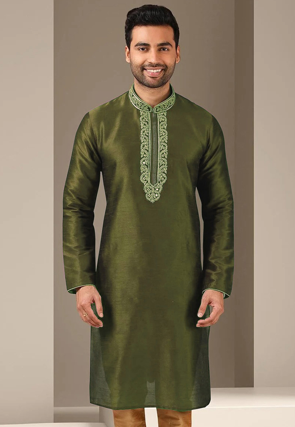 Shop Online Grey Jacquard Silk Mehndi Kurta Pyjama : 191001 - Mens