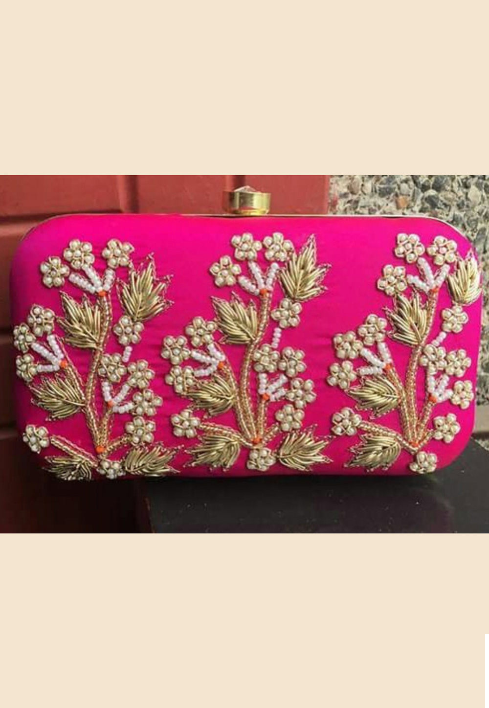 Magenta Synthetic Embroidered Clutch 188341