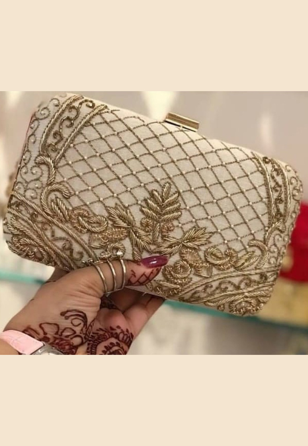Beige Synthetic Embroidered Clutch 188343