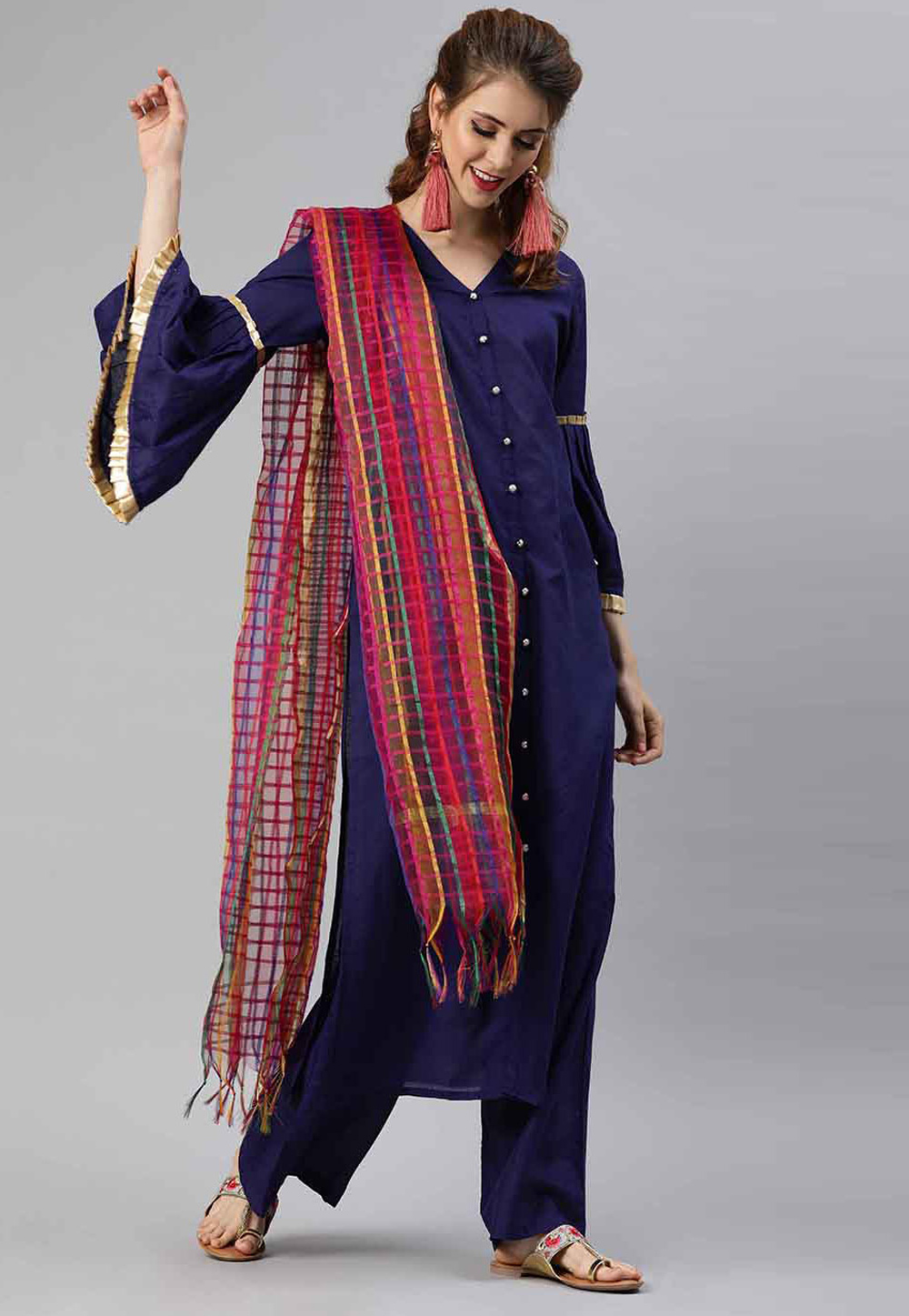 Navy Blue Cotton Readymade Kameez With Palazzo 200052