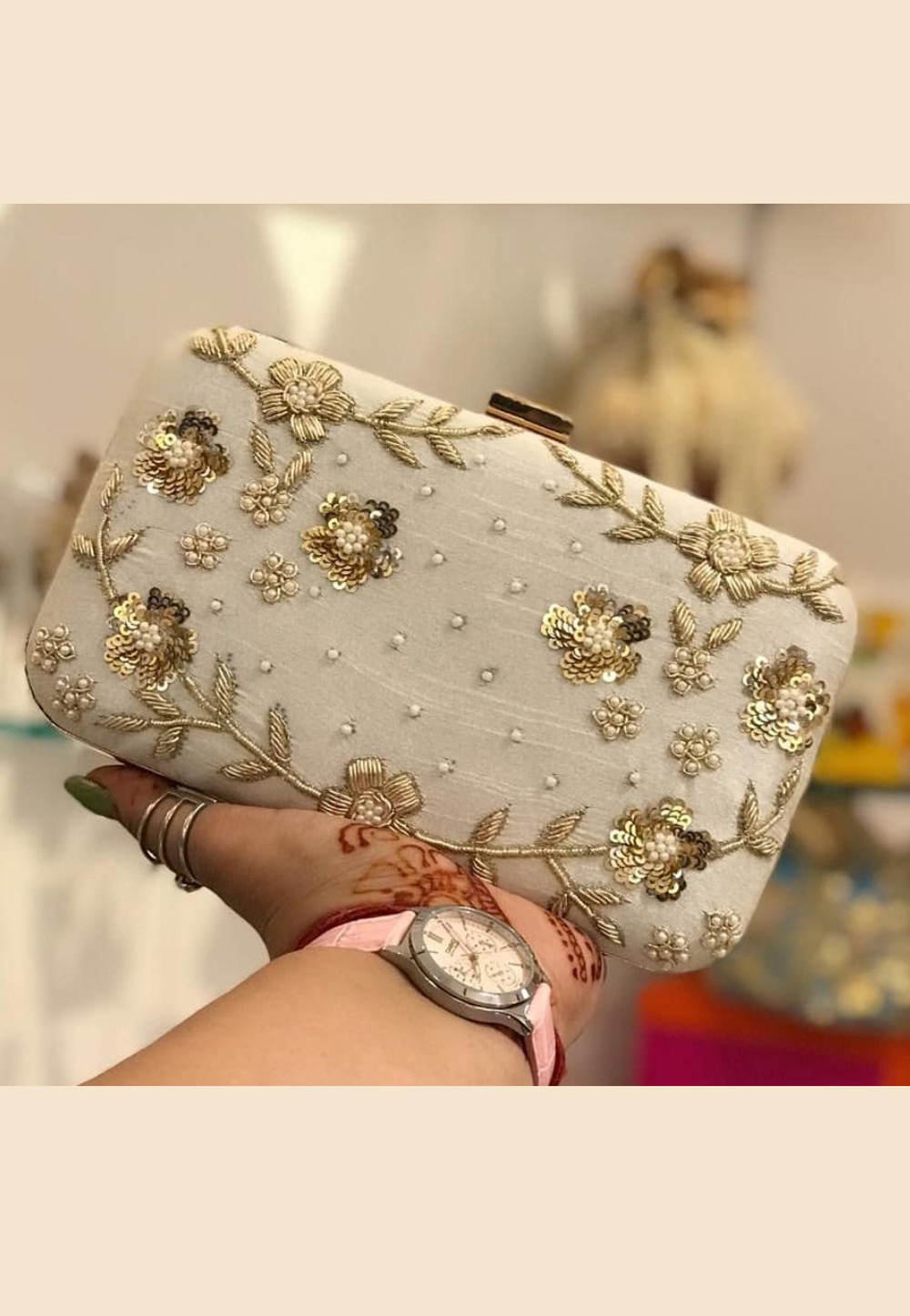 Beige Synthetic Embroidered Clutch 188359