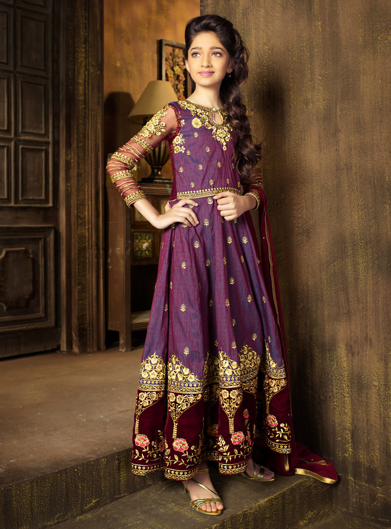 Purple Raw Silk Floor Length Anarkali Suit 121678
