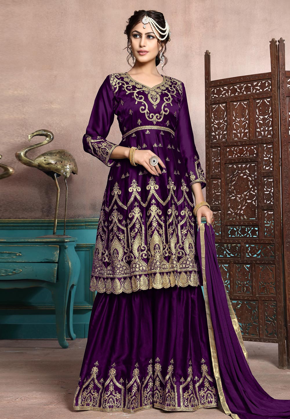 Purple Satin Embroidered Sharara Suit 165685
