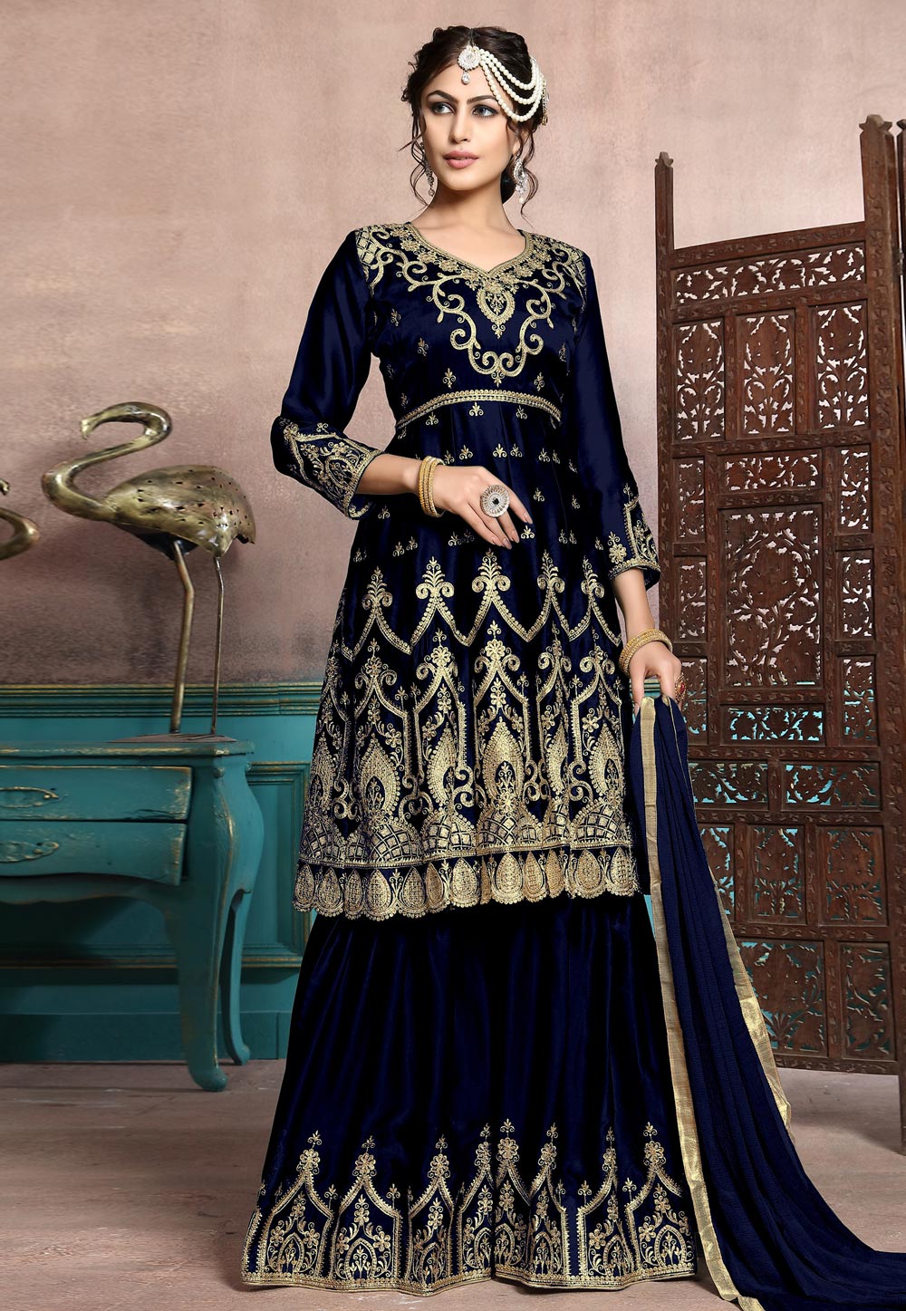 Navy Blue Satin Embroidered Sharara Suit 165686