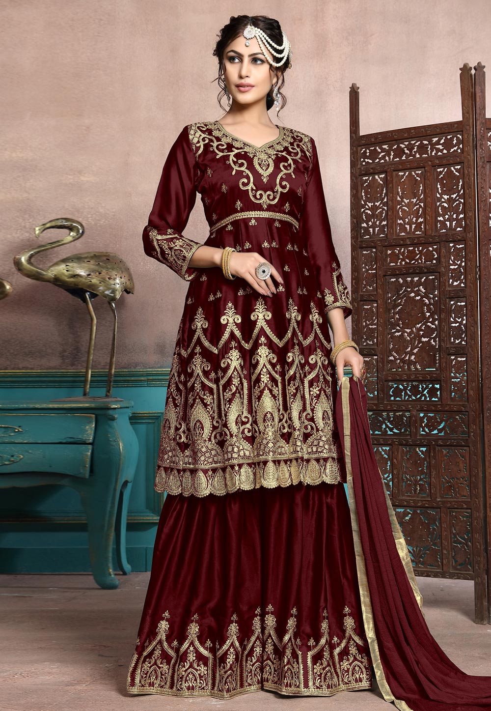 Maroon Satin Embroidered Sharara Suit 165687