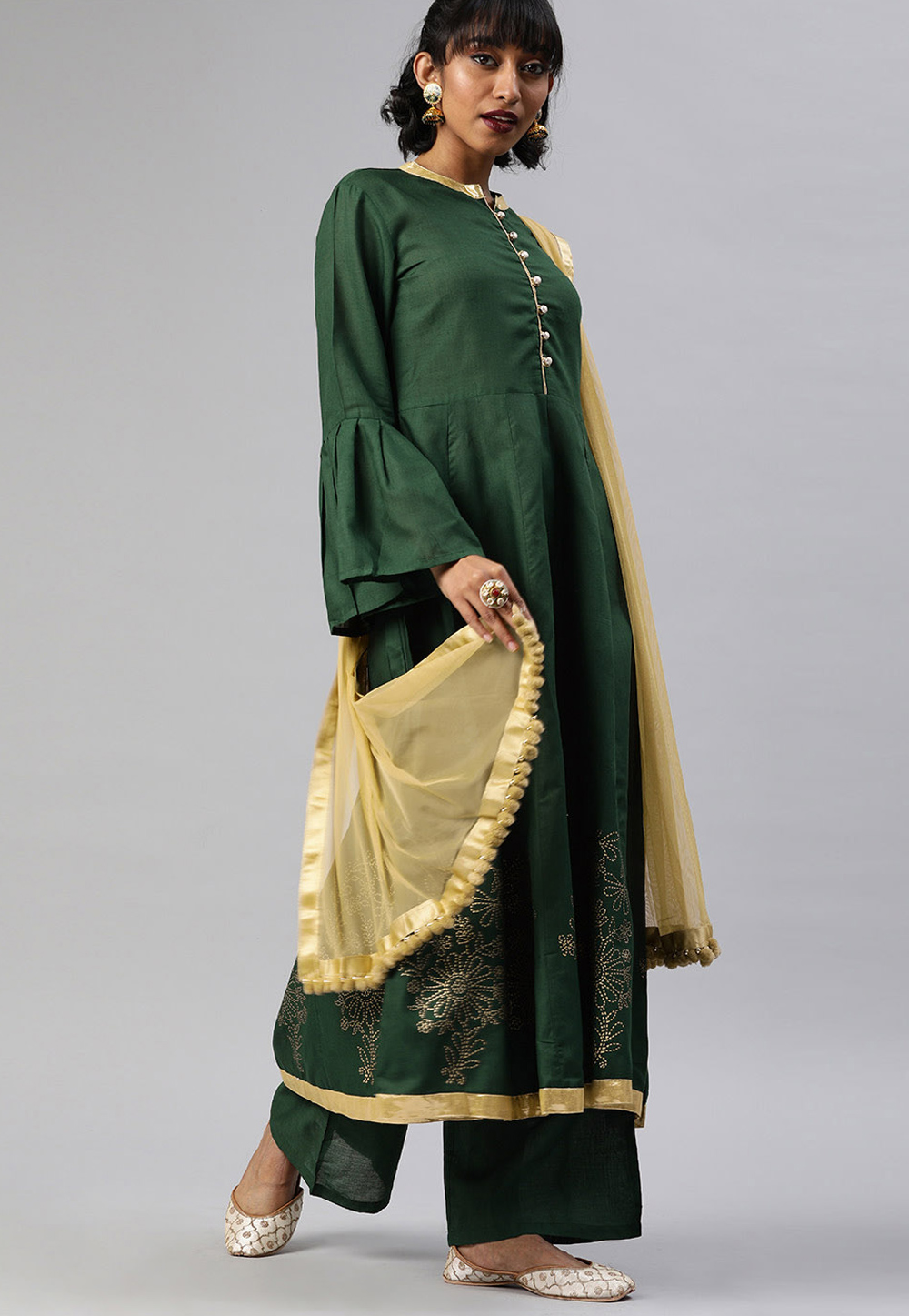 Green Cotton Readymade Palazzo Suit 200053