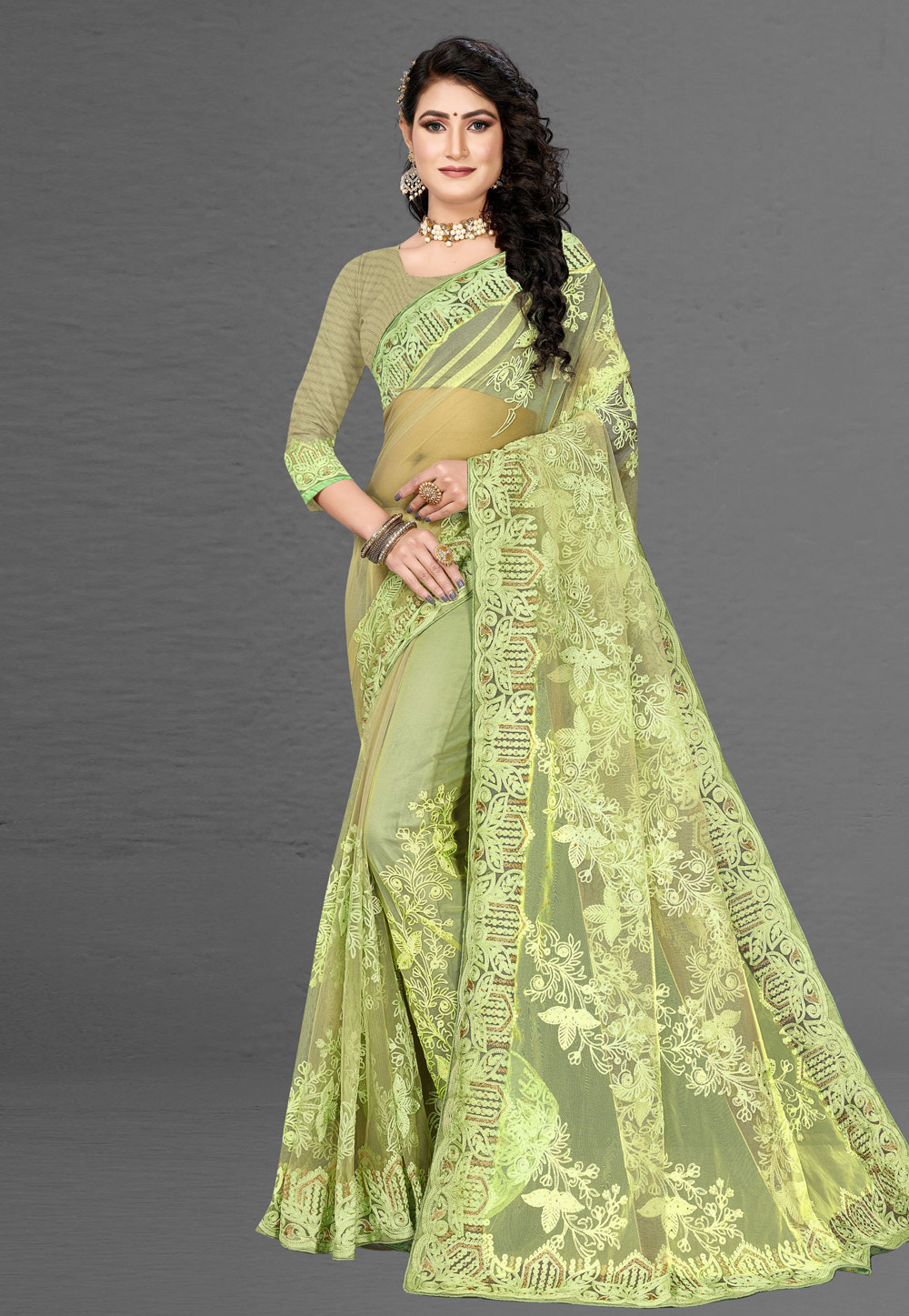 Light Green Net Saree With Blouse 232977