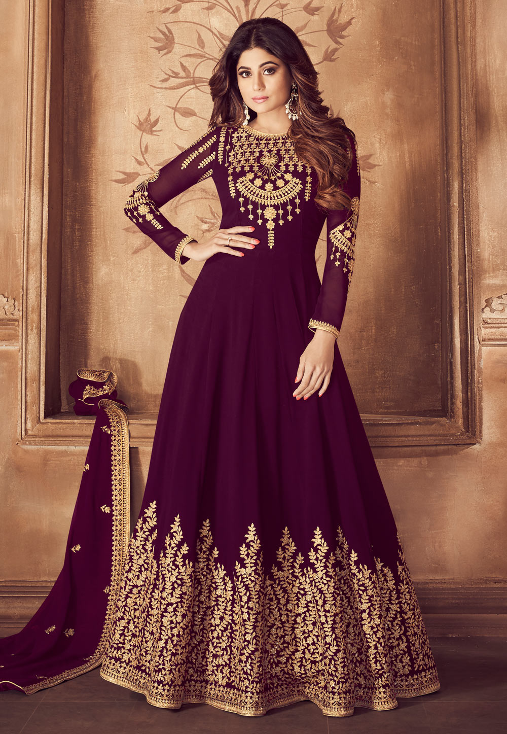 Shamita Shetty Purple Georgette Embroidered Long Anarkali Suit 167223