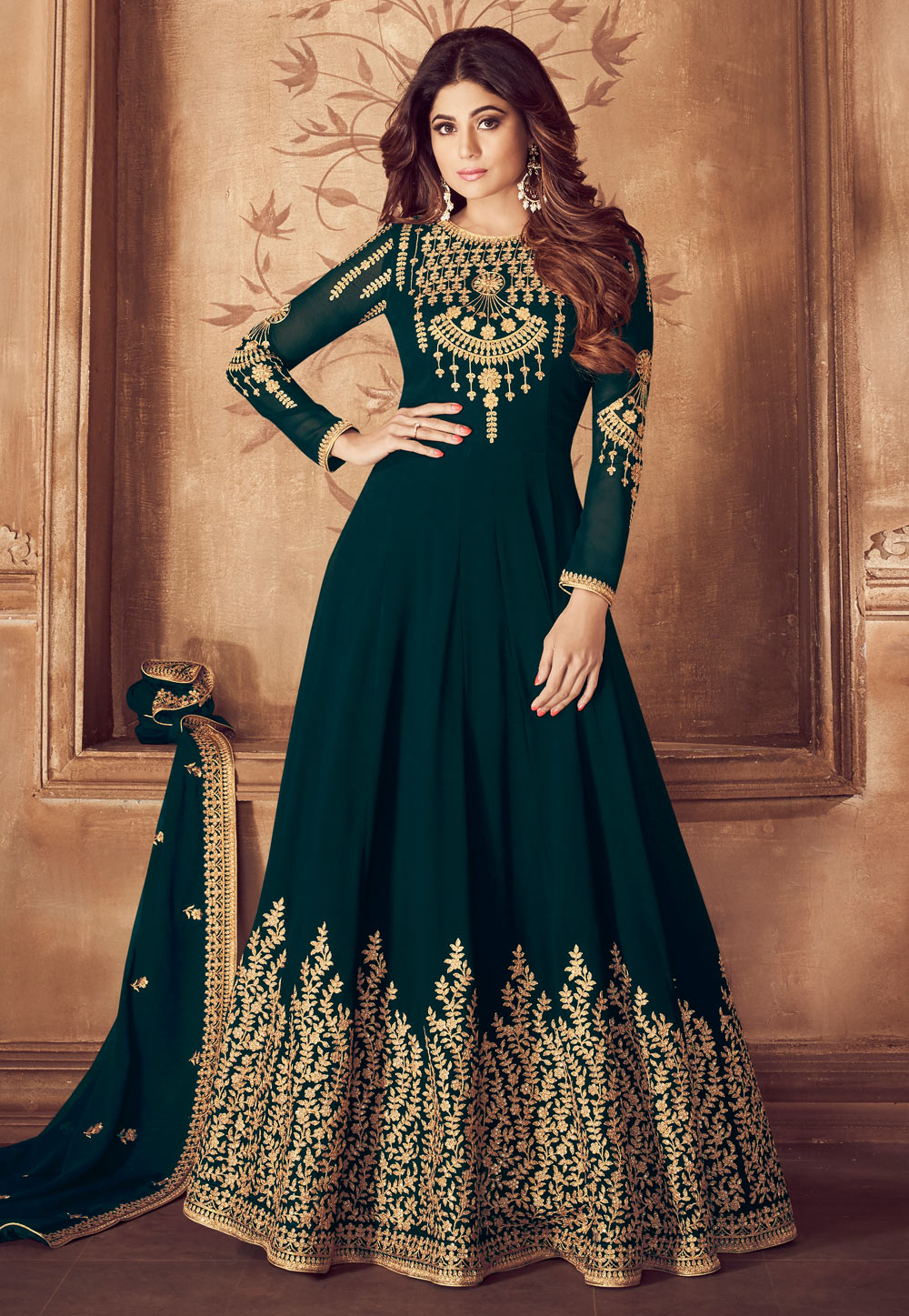 Shamita Shetty Green Georgette Embroidered Bollywood Anarkali Suit 167224