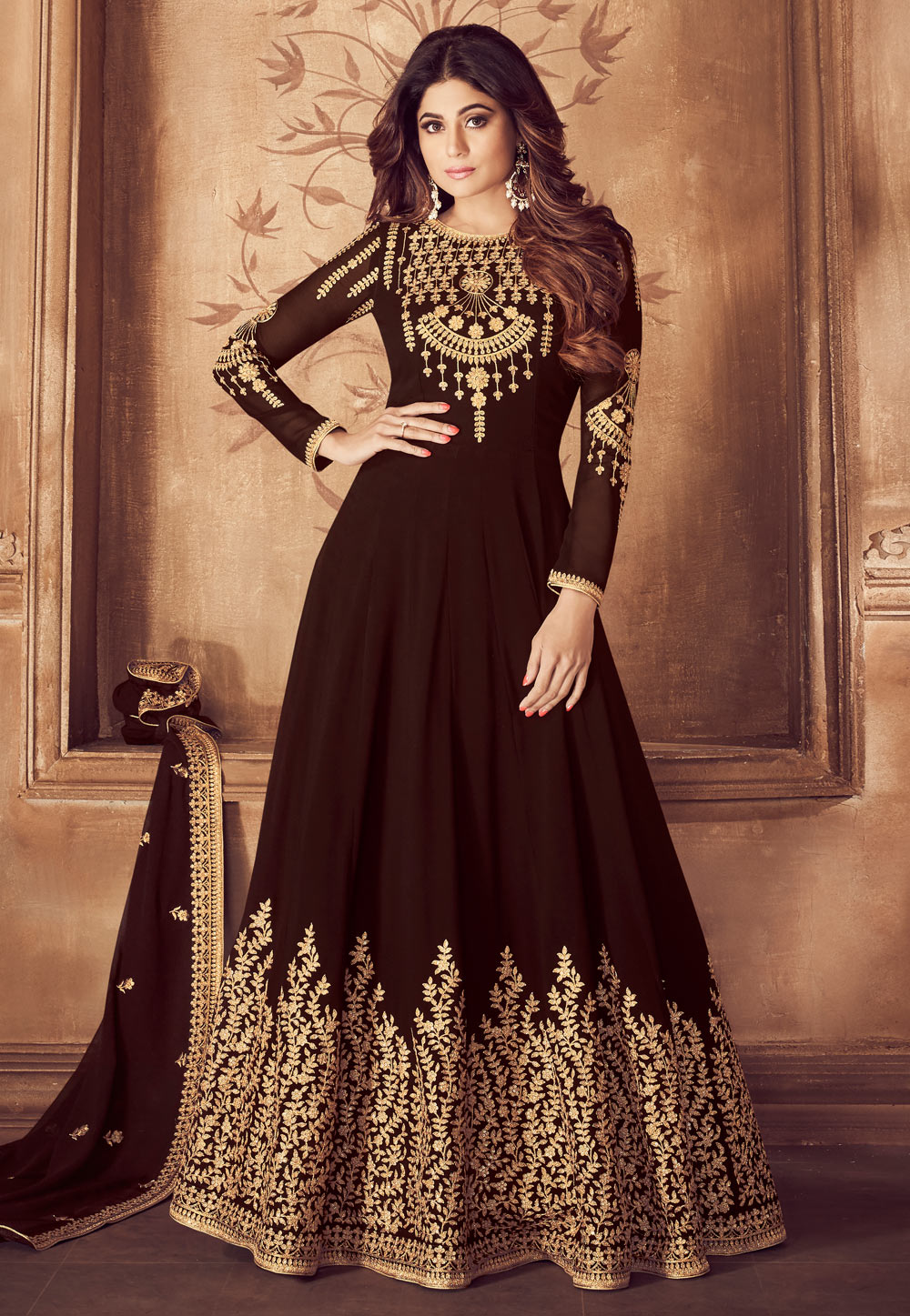 Shamita Shetty Brown Georgette Embroidered Long Anarkali Suit 167225