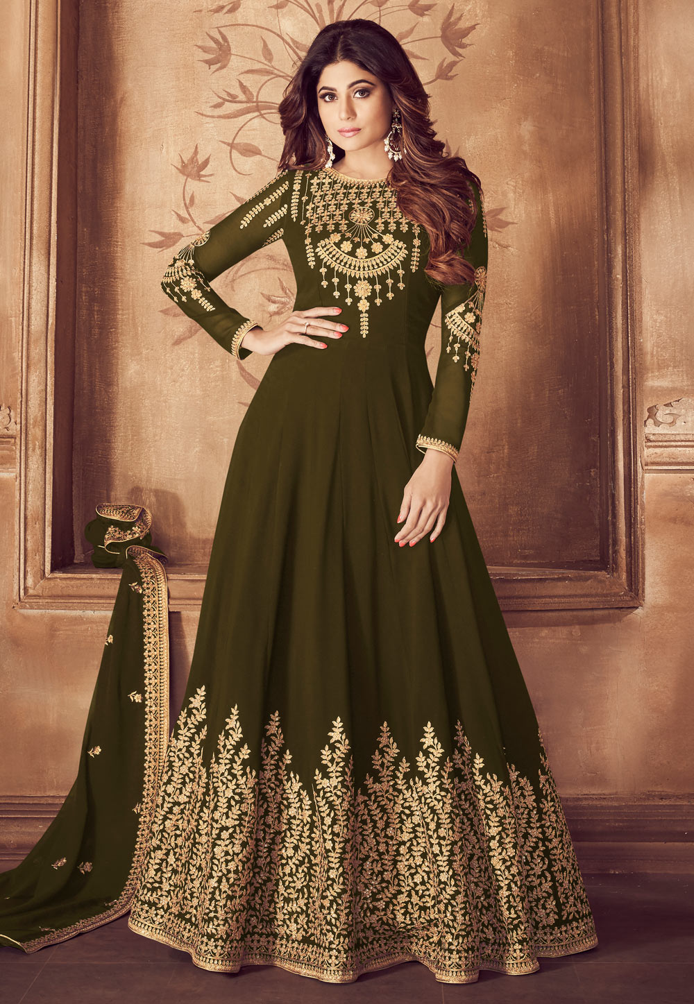 Shamita Shetty Green Georgette Embroidered Bollywood Anarkali Suit 167226