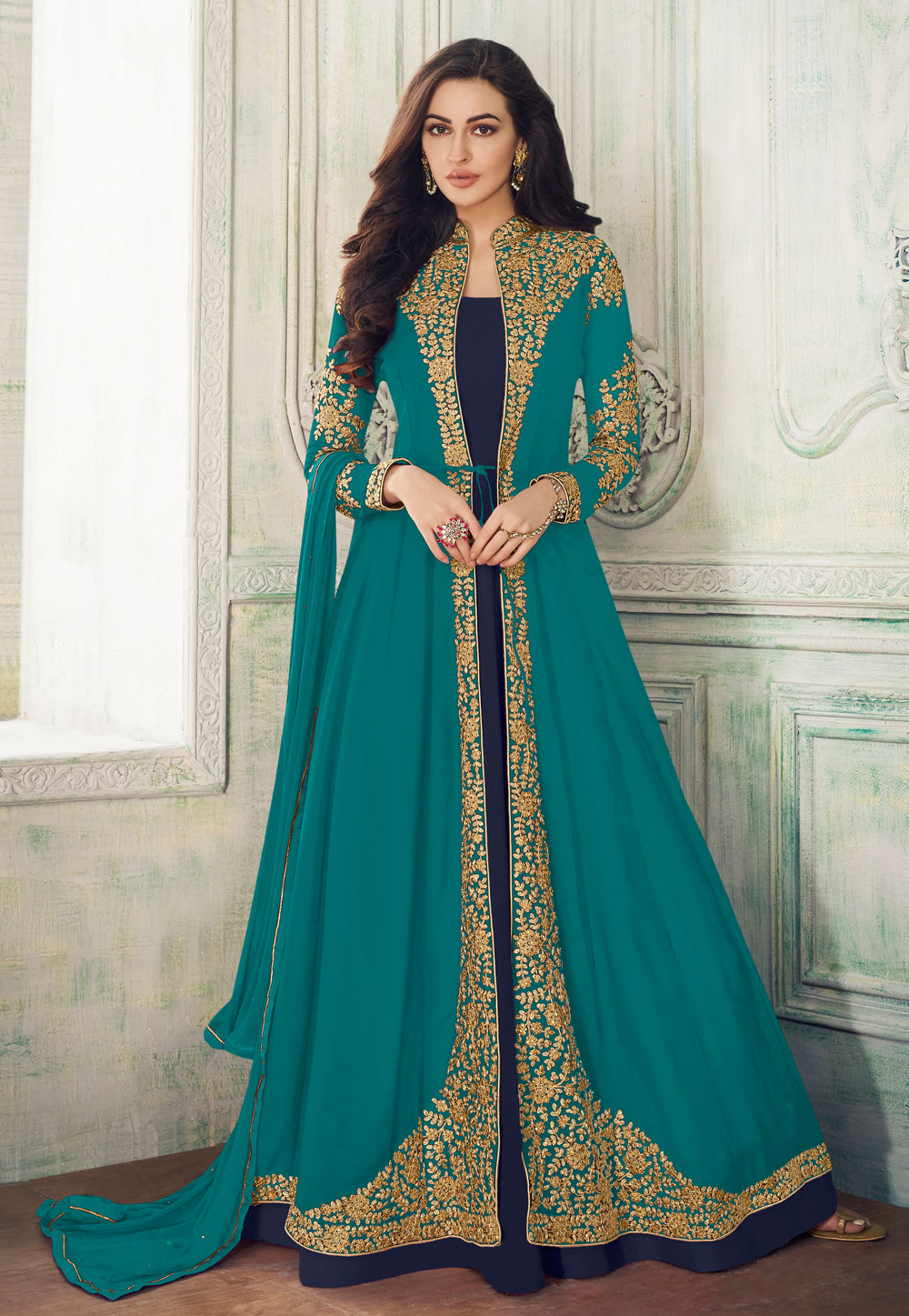 Turquoise Georgette Embroidered Jacket Style Anarkali Suit 194670