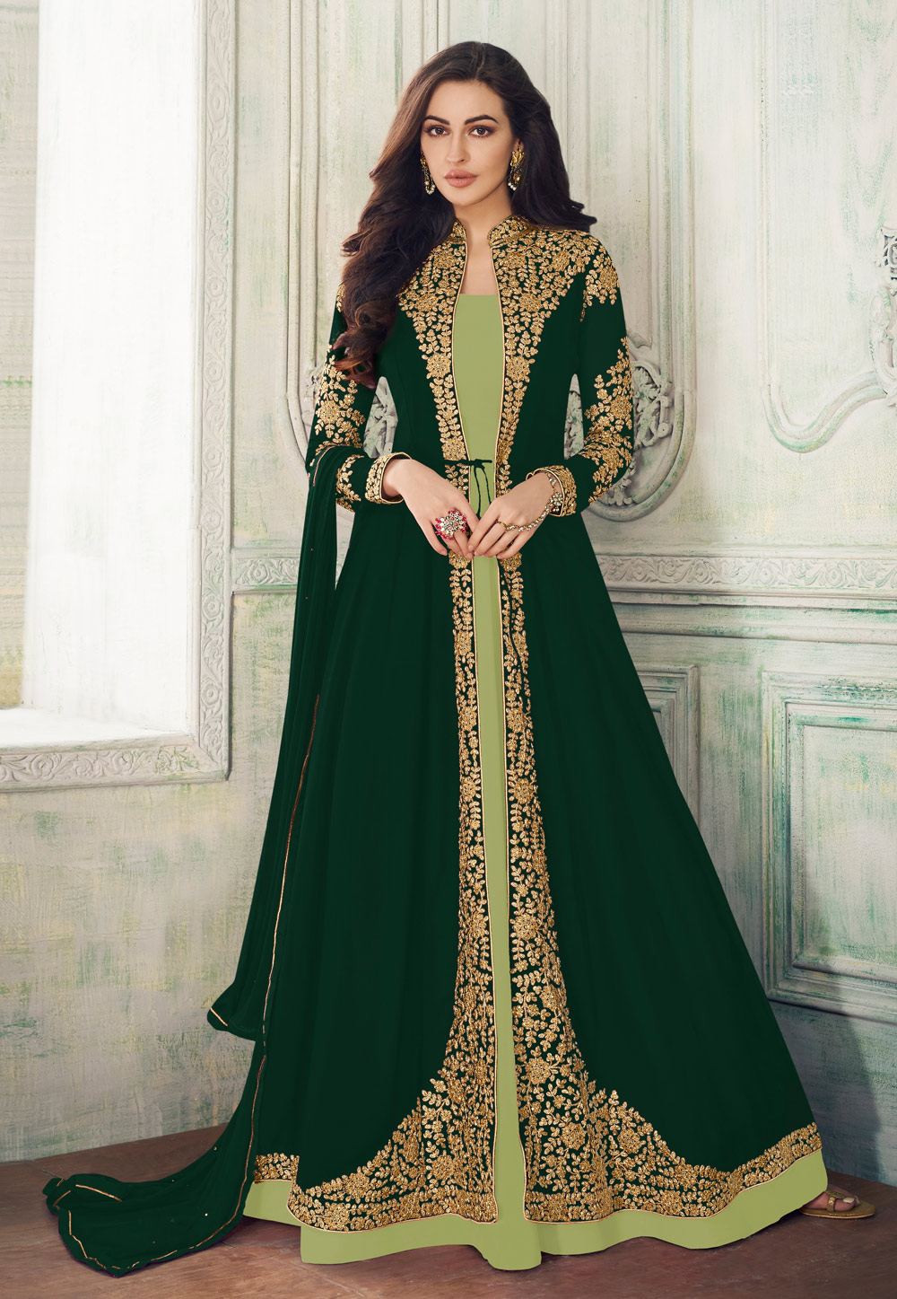 Green Georgette Embroidered Jacket Style Anarkali Suit 194672