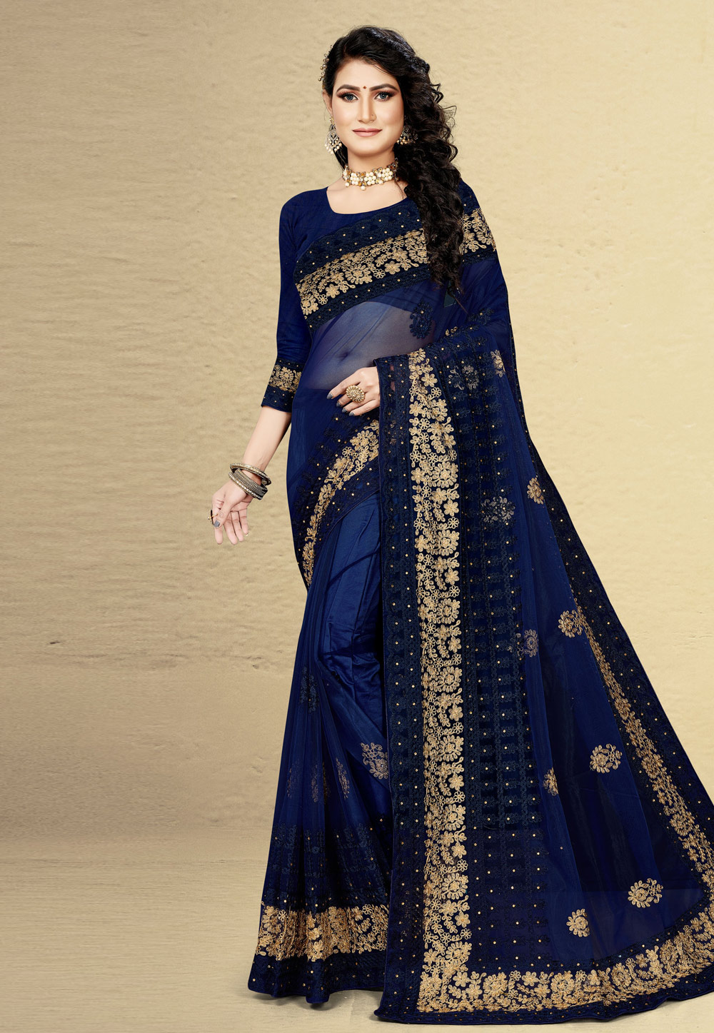 Navy Blue Net Saree With Blouse 232979