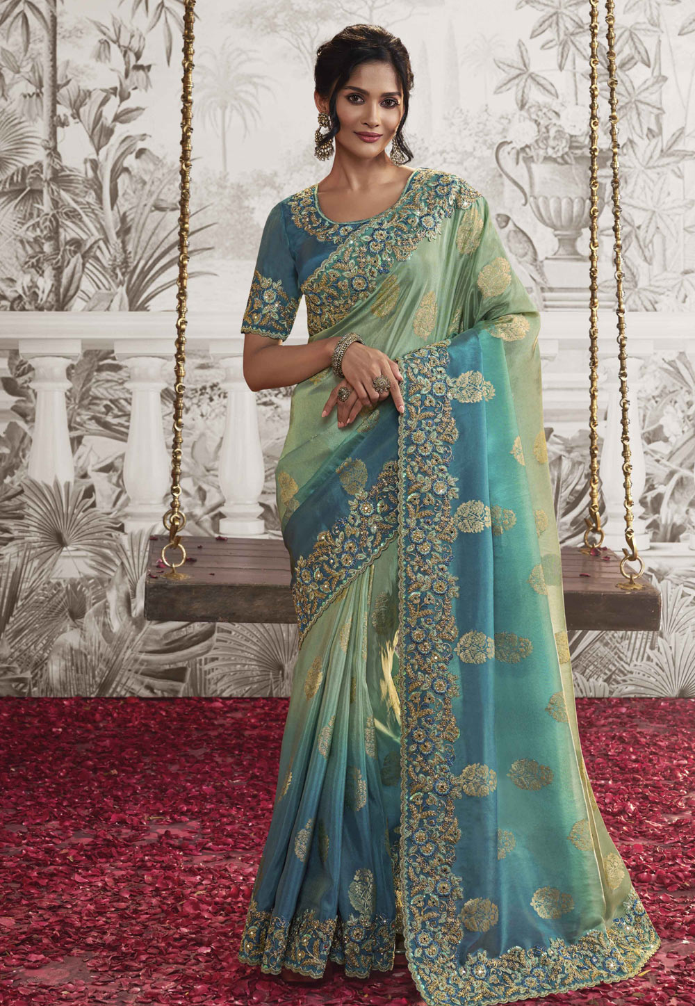 Sea Green Silk Half N Half Saree 276046