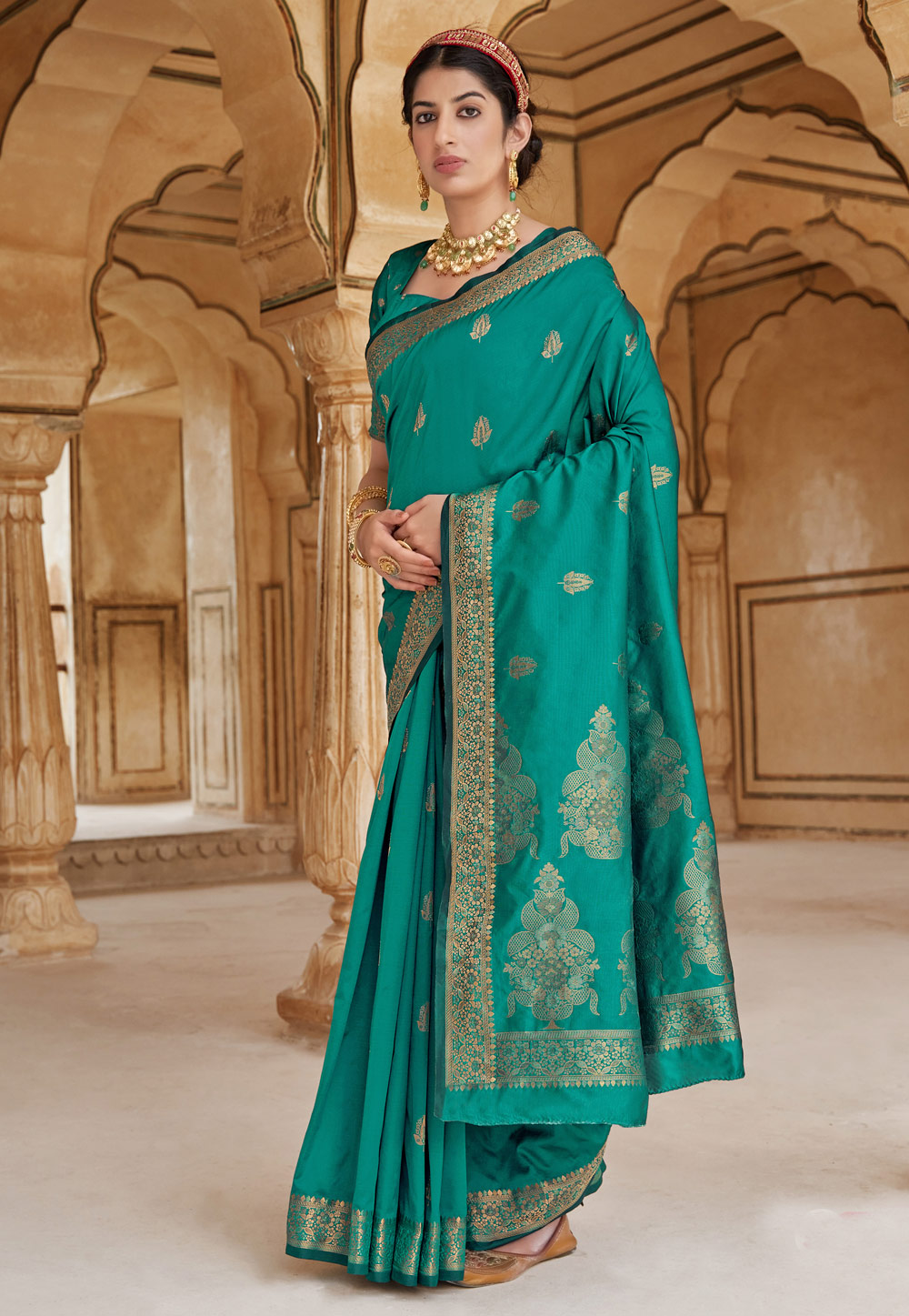 Turquoise Banarasi Silk Festival Wear Saree 241142