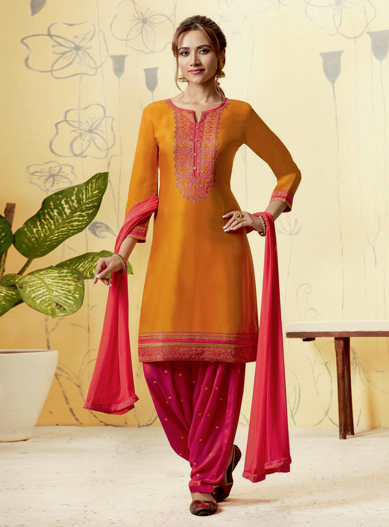 Orange Satin Patiala Suit 146771