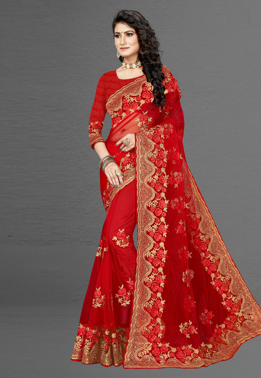 Red Net Saree With Blouse 232981