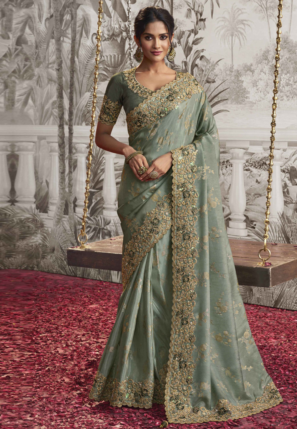 Sea Green Silk Saree With Blouse 276048