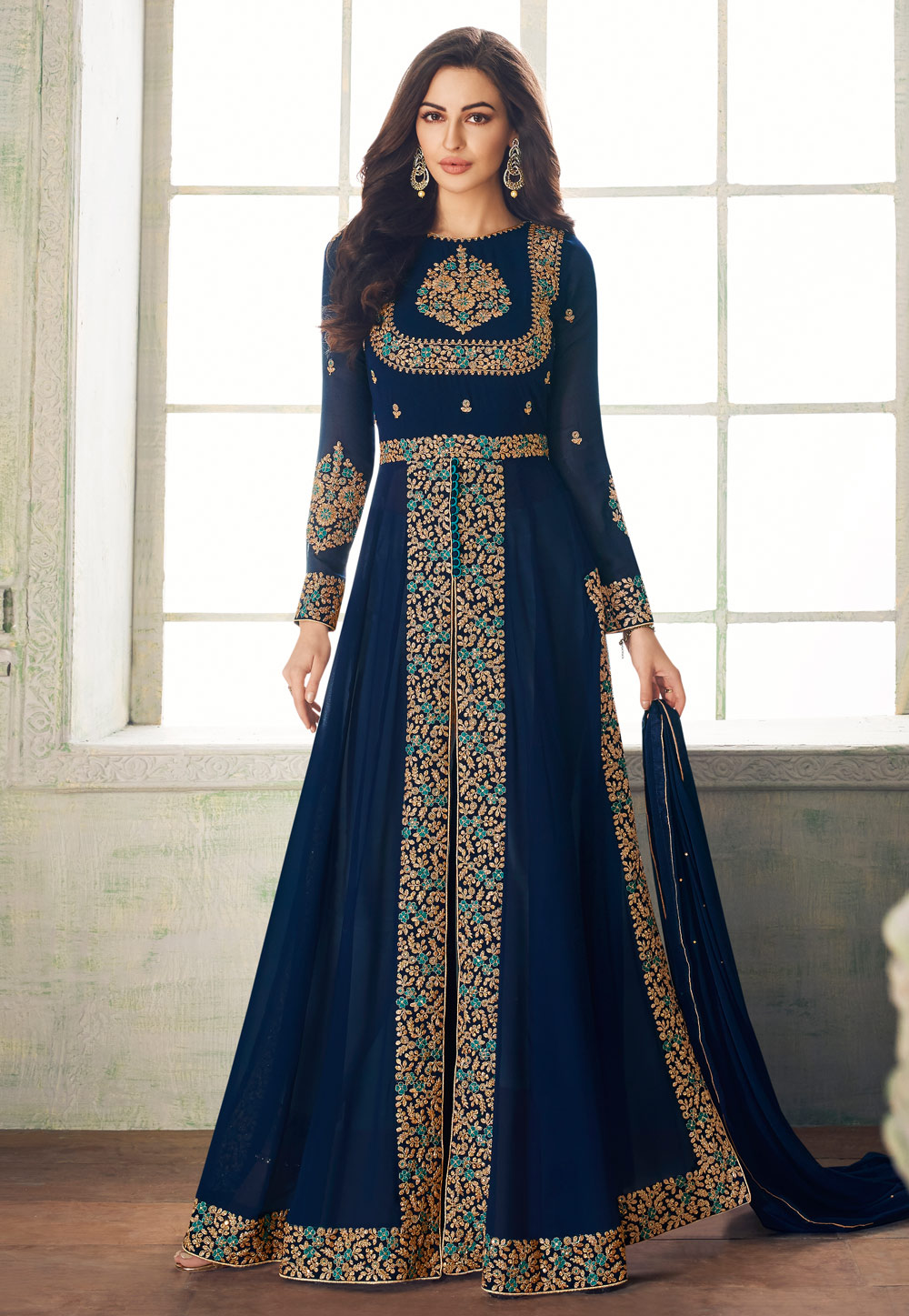 Navy Blue Georgette Embroidered Long Anarkali Suit 166210