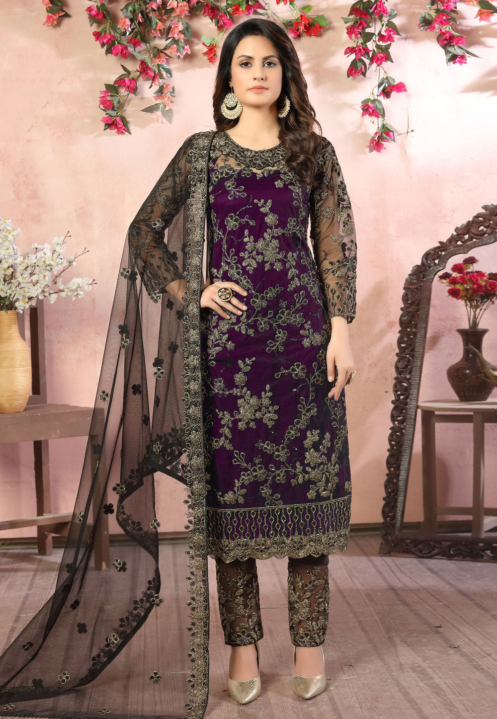 Purple Net Embroidered Kameez With Pant 220394