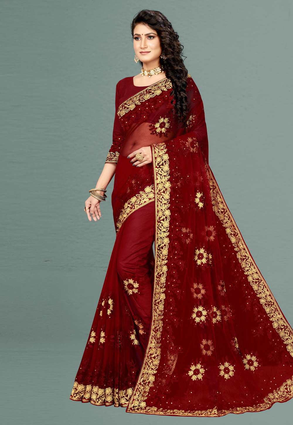 Maroon Net Festival Wear Saree 232982