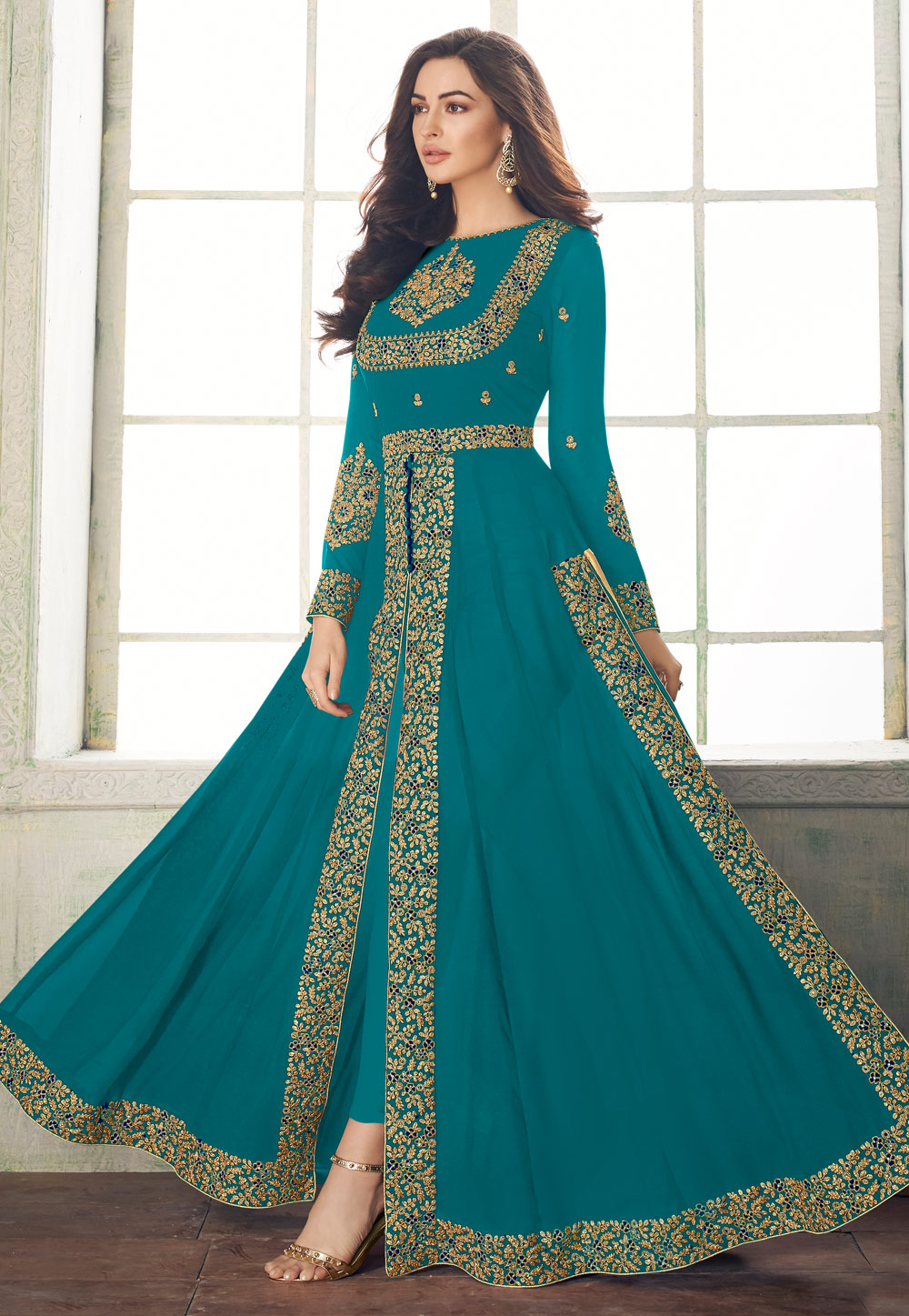 Turquoise Georgette Embroidered Long Anarkali Suit 176211
