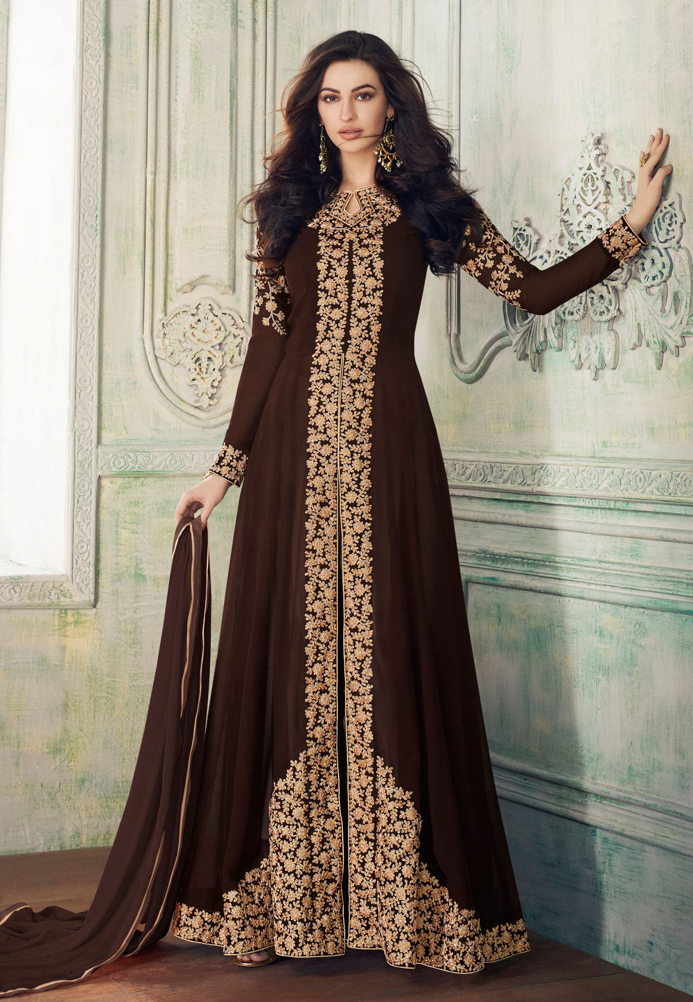 Brown Georgette Embroidered Ankle Length Anarkali Suit 166211