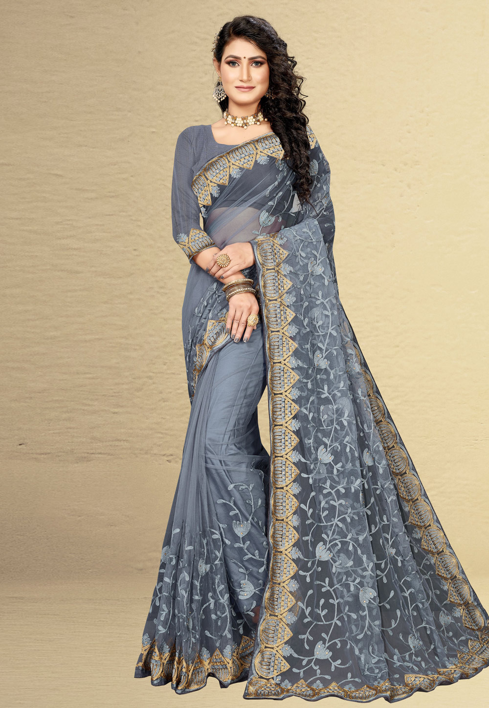 Grey Net Festival Wear Saree 232984