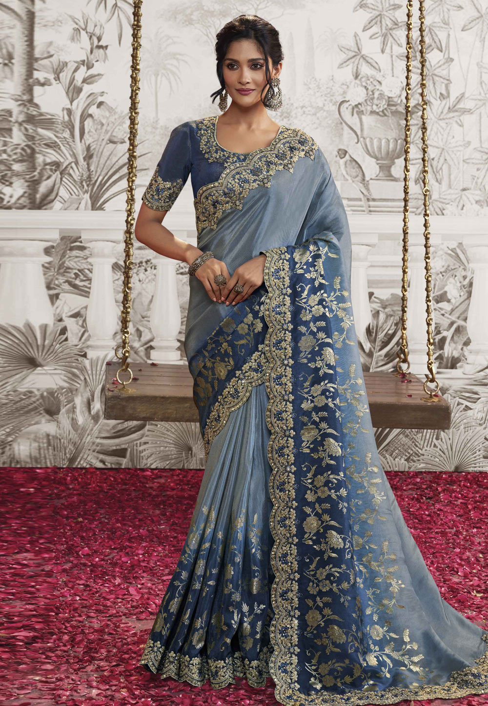 Sky Blue Silk Half N Half Saree 276051
