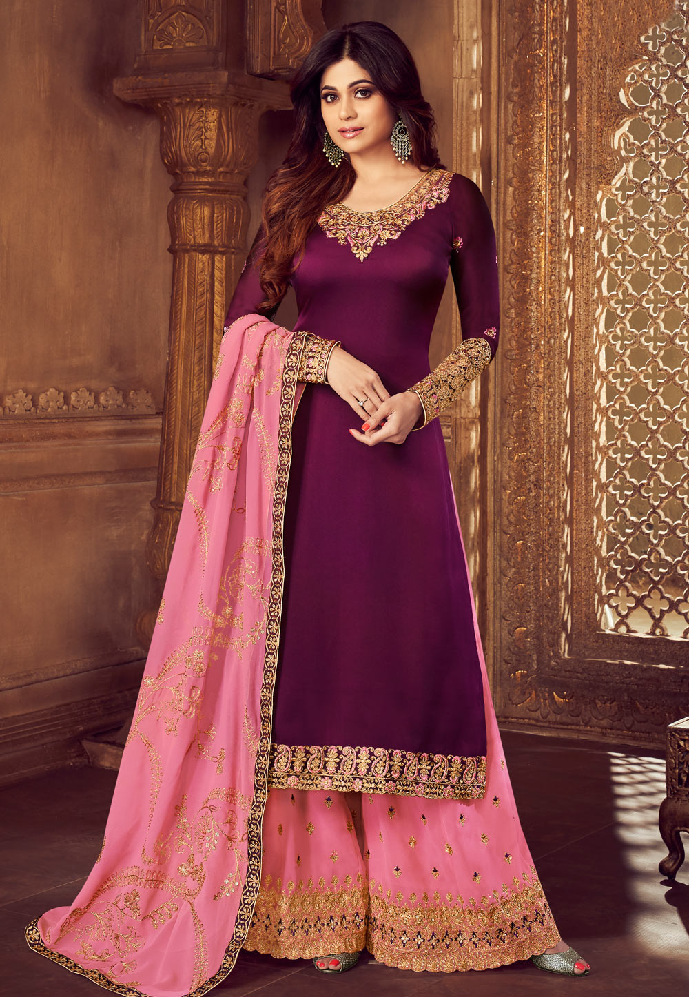 Shamita Shetty Purple Georgette Embroidered Bollywood Palazzo Suit 168104