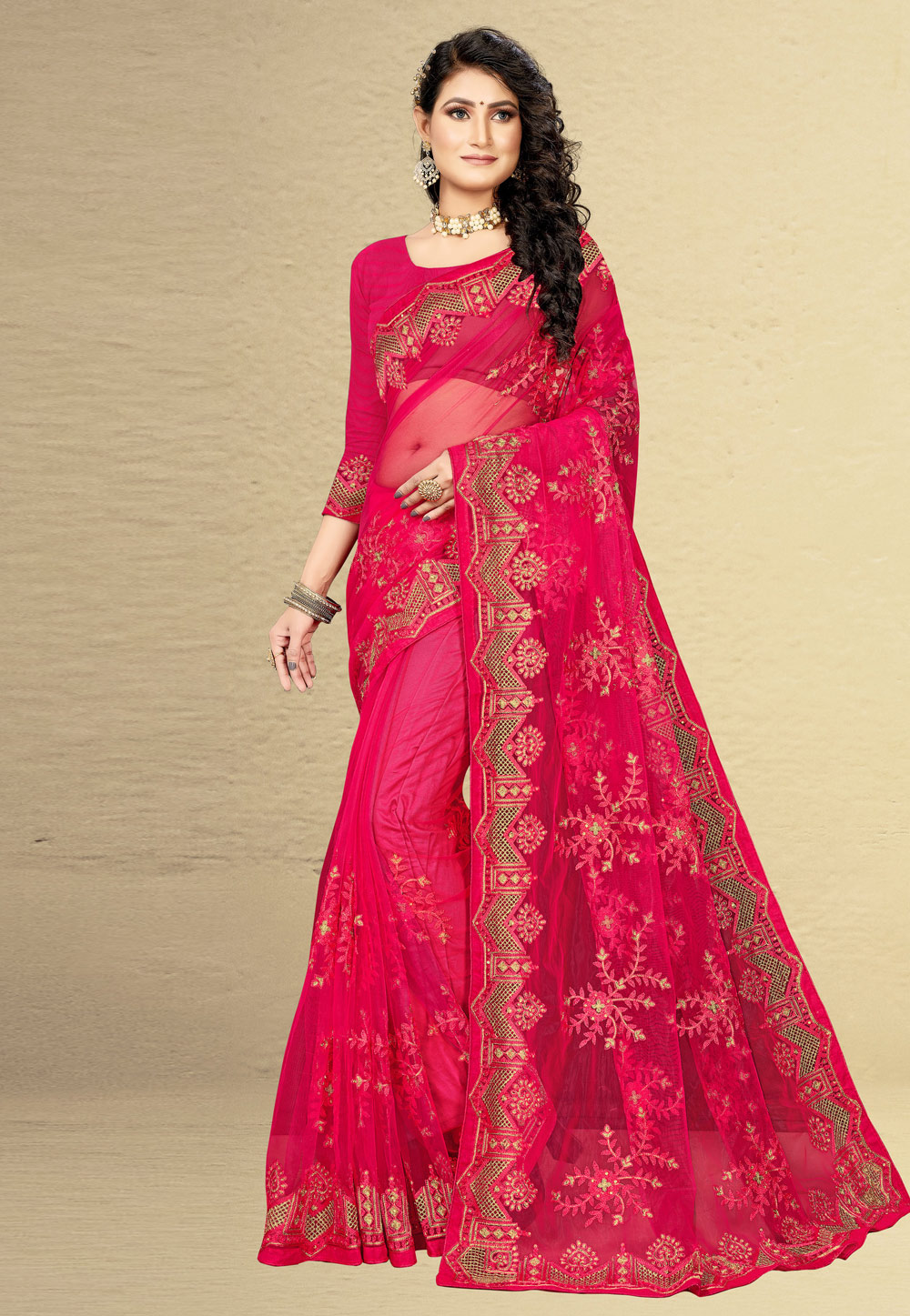 Pink Net Festival Wear Saree 232986