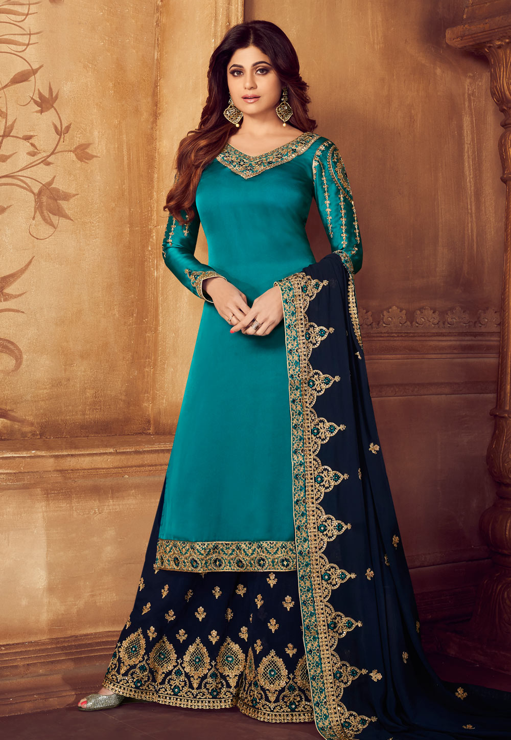 Shamita Shetty Blue Georgette Embroidered Palazzo Suit 168106