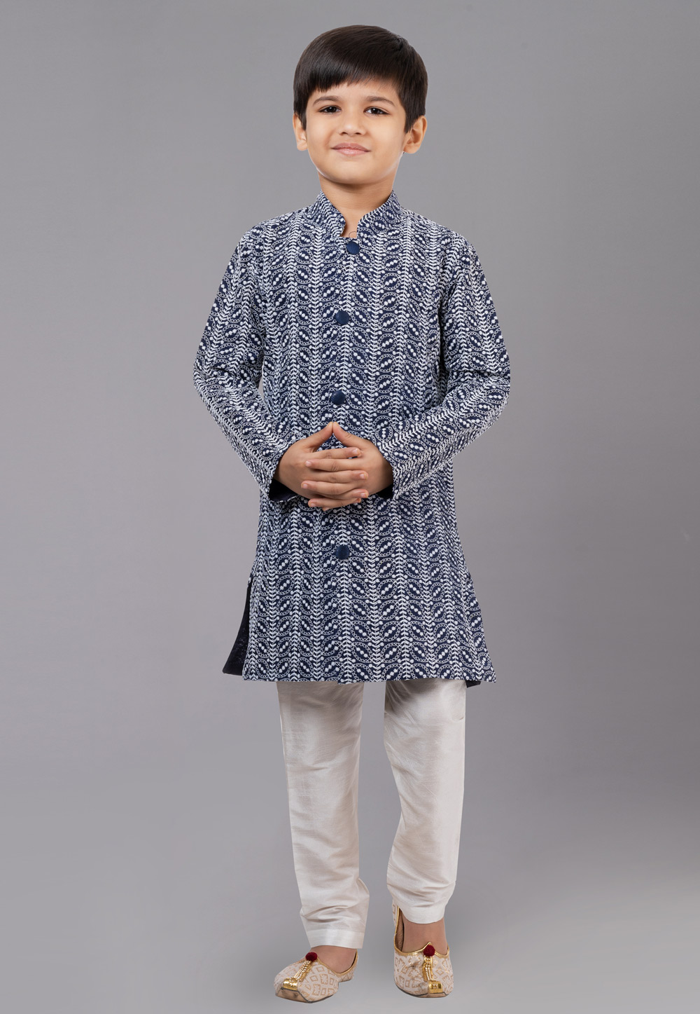 Navy Blue Cotton Silk Readymade Kids Kurta Pajama 260618