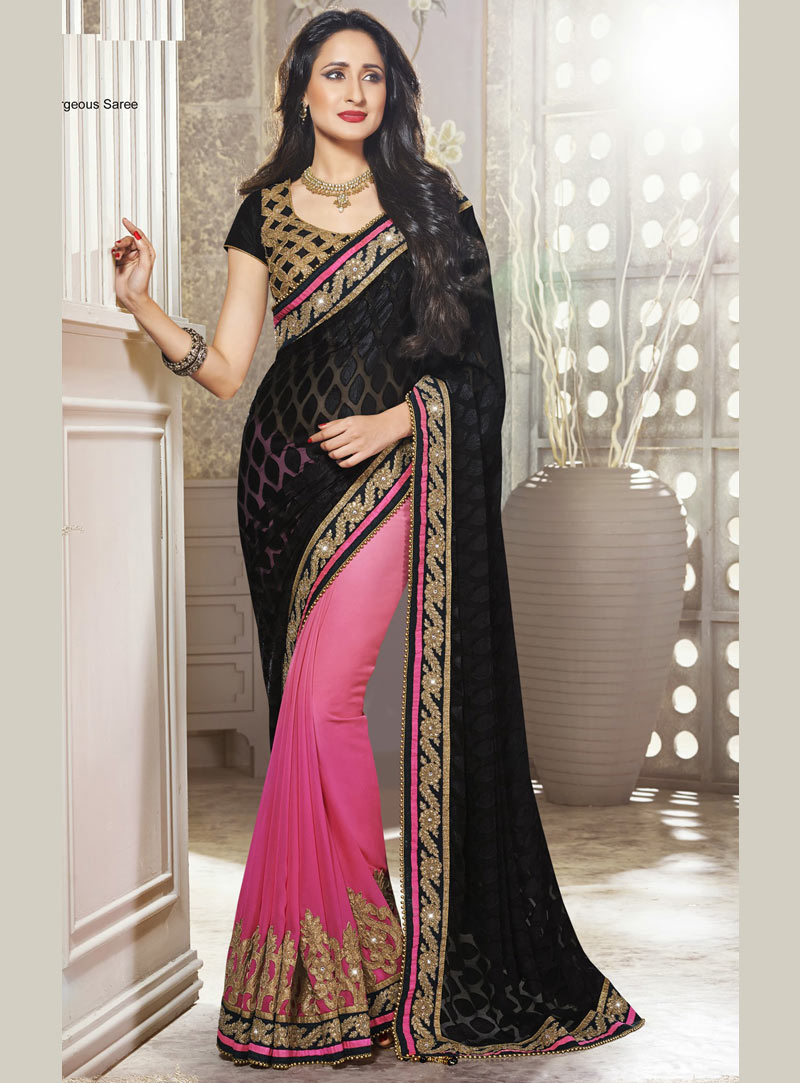 Black and Pink Net Half N Half Wedding Saree 40065