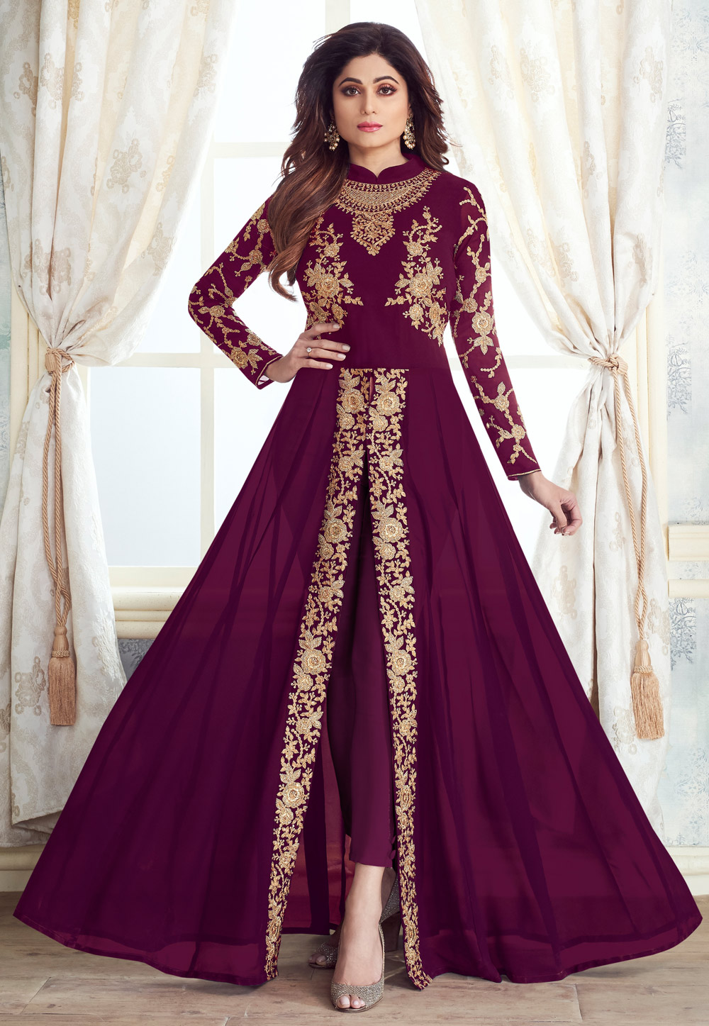 Shamita Shetty Purple Embroidered Center Slit Anarkali Suit 172733