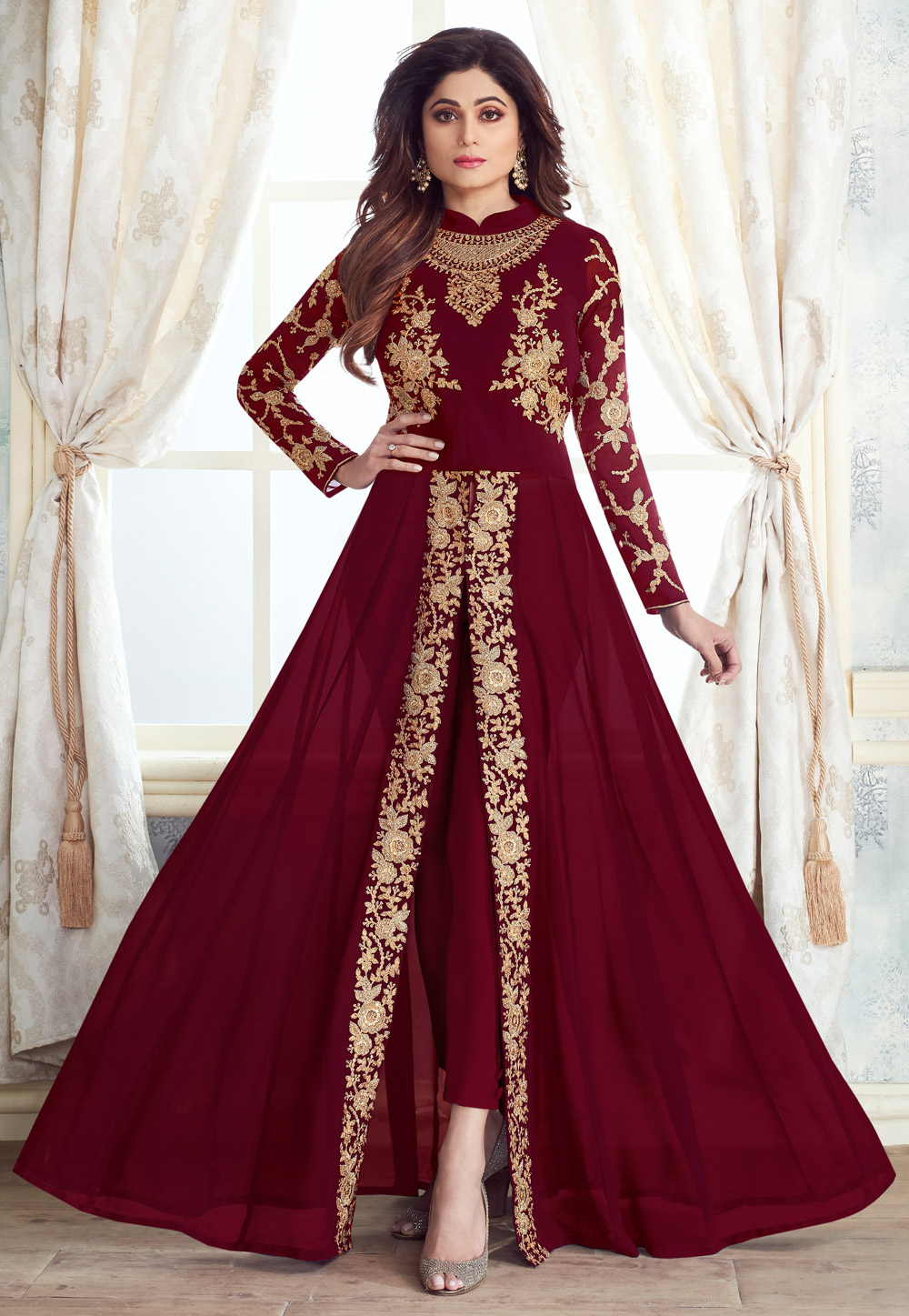 Shamita Shetty Maroon Embroidered Abaya Style Anarkali Suit 172734