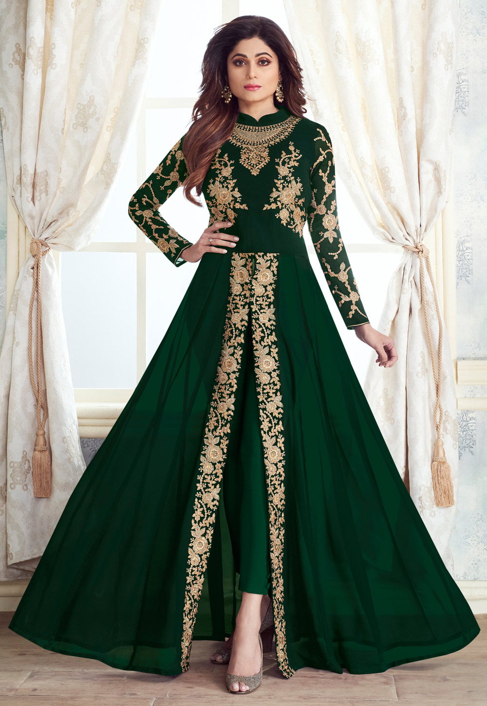 Shamita Shetty Green Embroidered Bollywood Anarkali Suit 172735