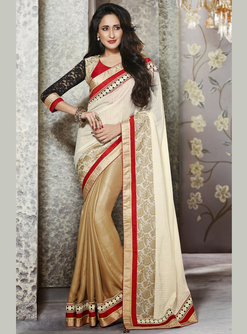 Beige and Gold Chiffon Party Wear Saree 40067