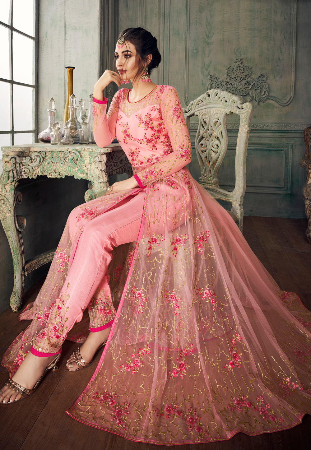 Pink Net Embroidered Pant Style Suit 165587