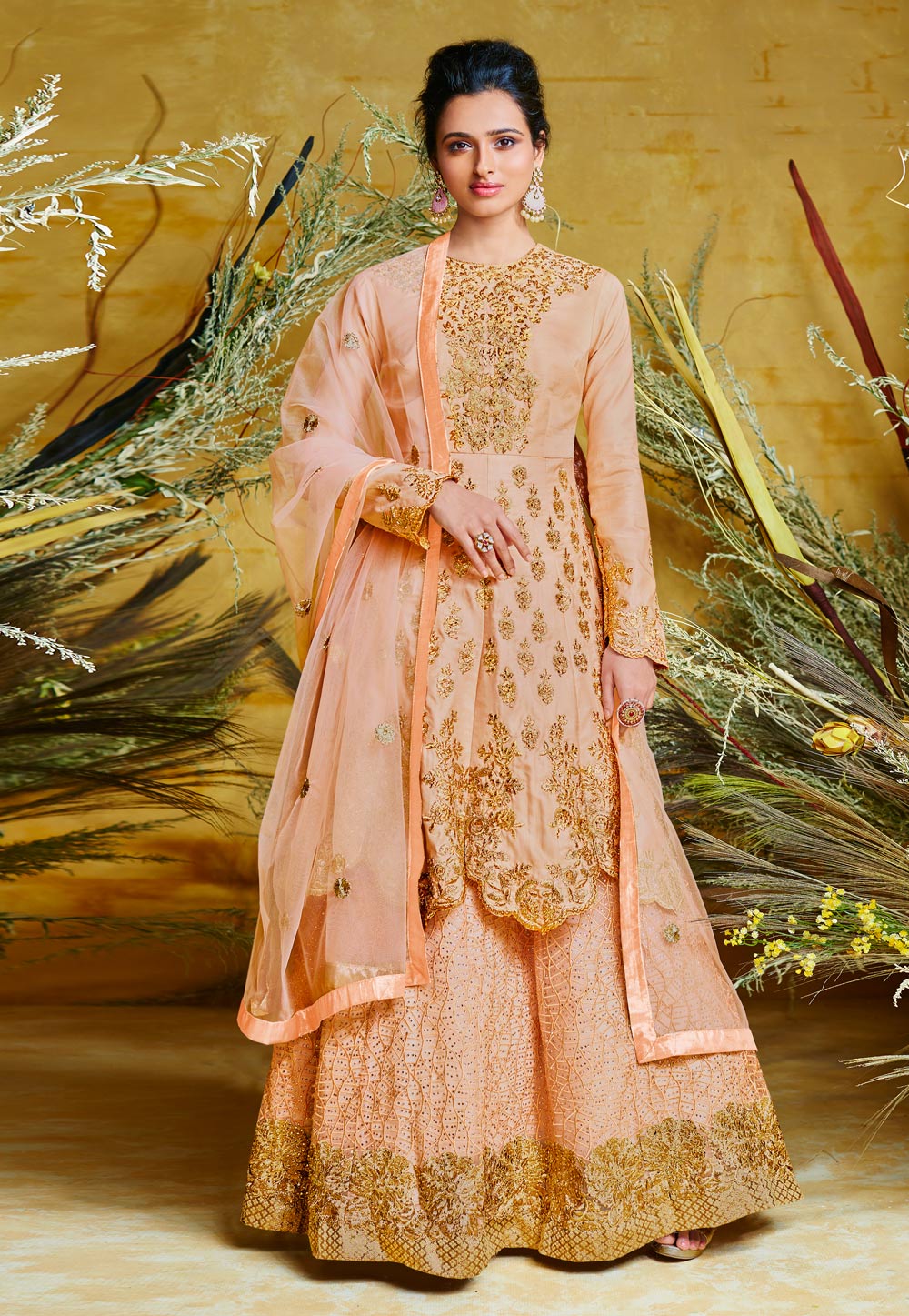Peach Net Embroidered Long Anarkali Suit 192035