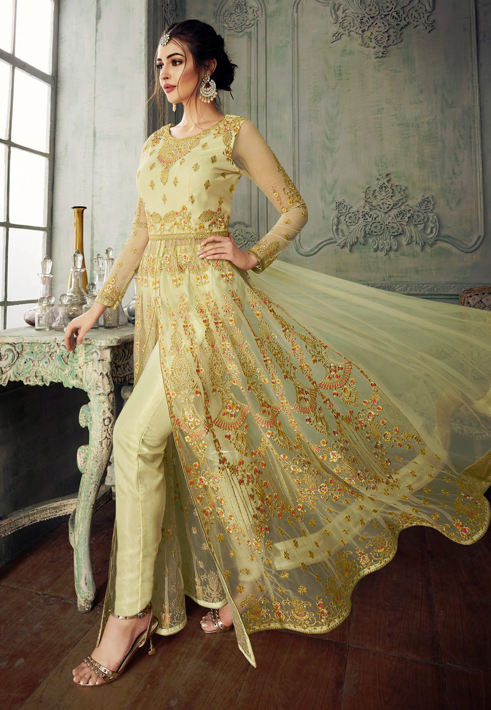 Pista Green Net Embroidered Pant Style Suit 165591