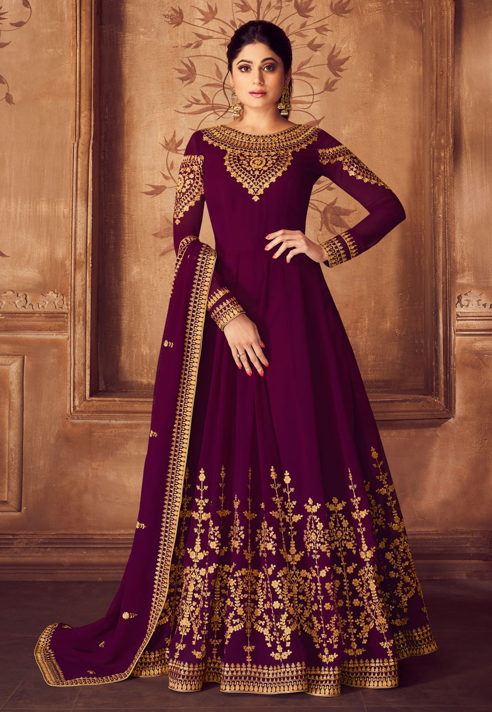 Shamita Shetty Purple Georgette Embroidered Abaya Style Anarkali Suit 181130
