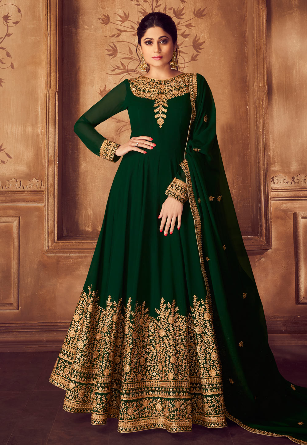 Shamita Shetty Green Georgette Embroidered Long Anarkali Suit 181131