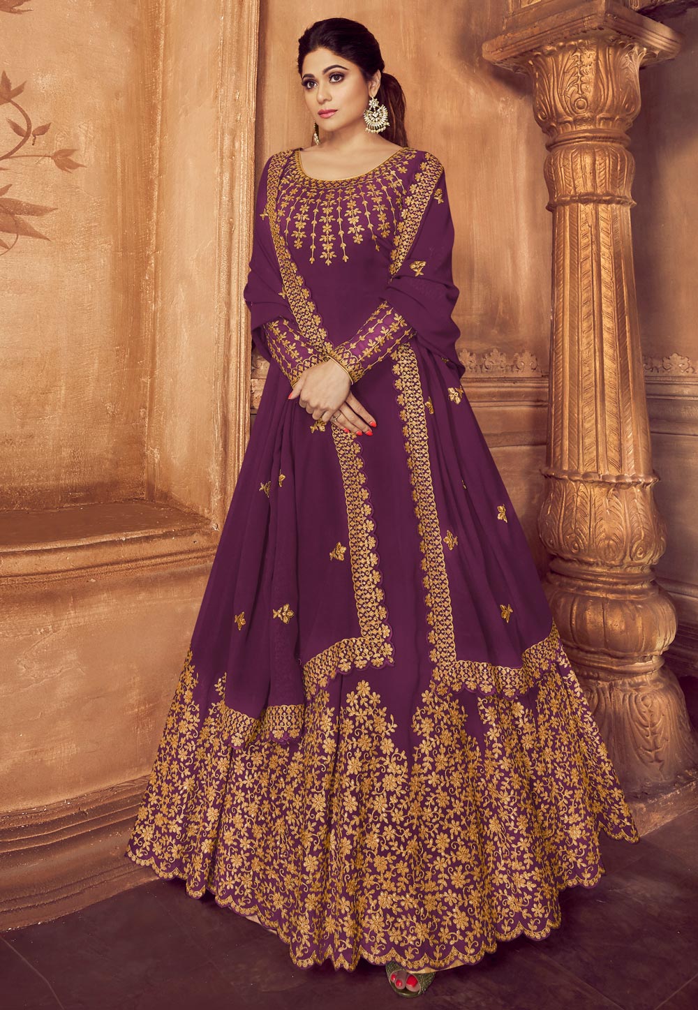 Shamita Shetty Purple Georgette Long Anarkali Suit 189217