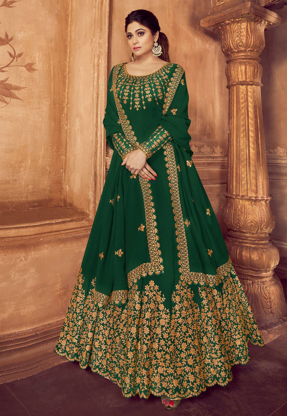 Shamita Shetty Green Georgette Long Anarkali Suit 189221