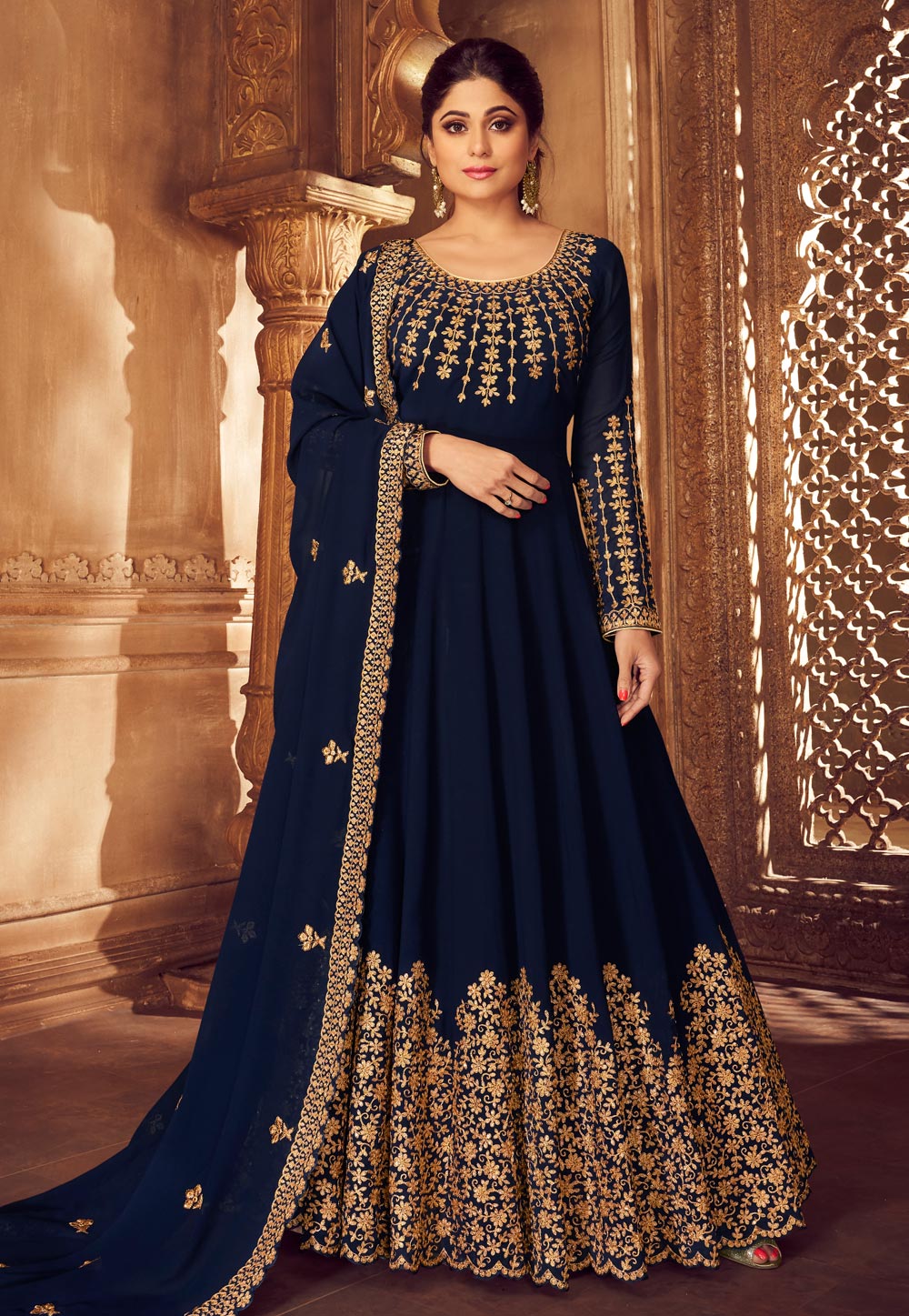 Shamita Shetty Navy Blue Georgette Embroidered Long Anarkali Suit 181133