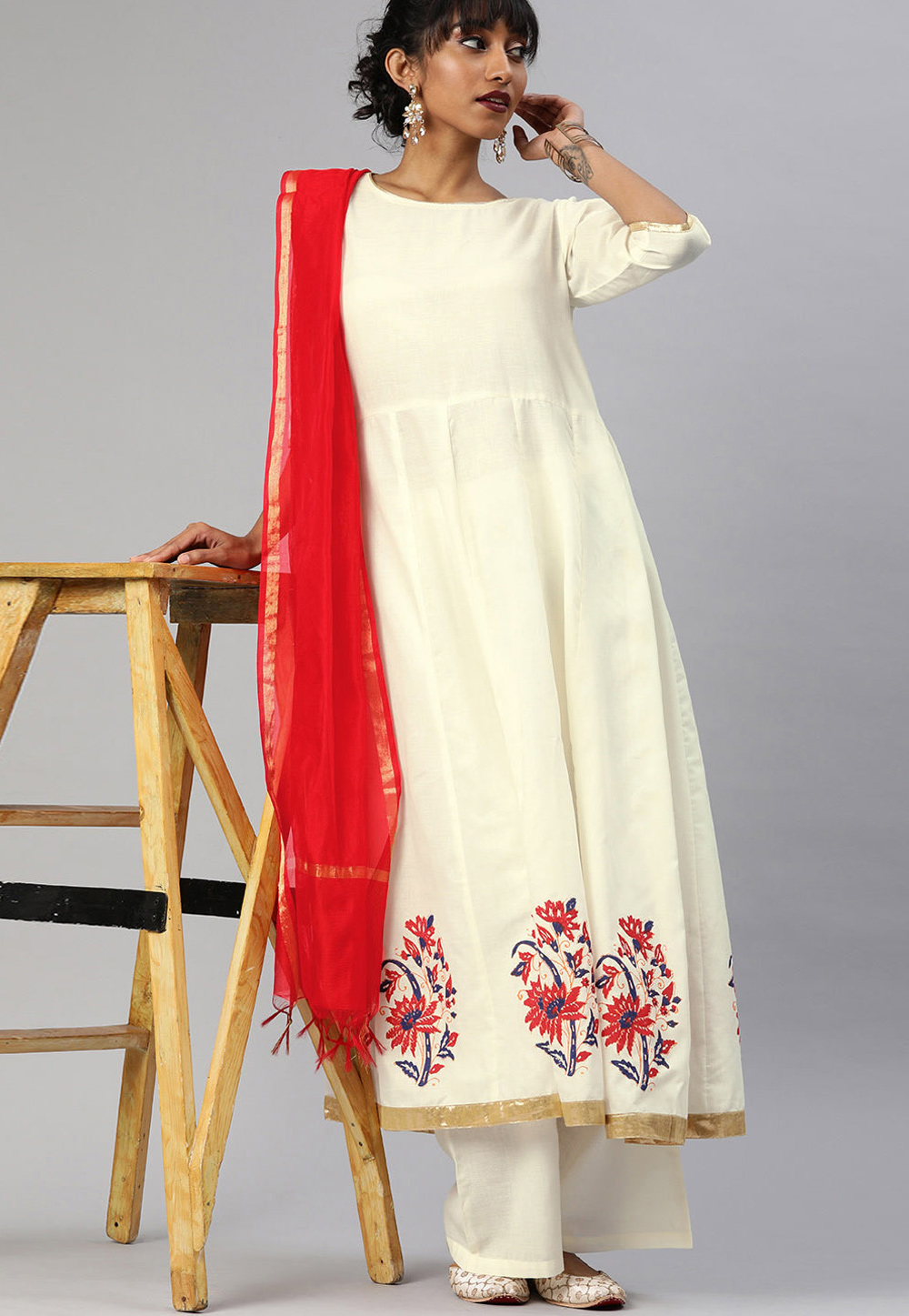 Off White Cotton Readymade Kameez With Palazzo 200056